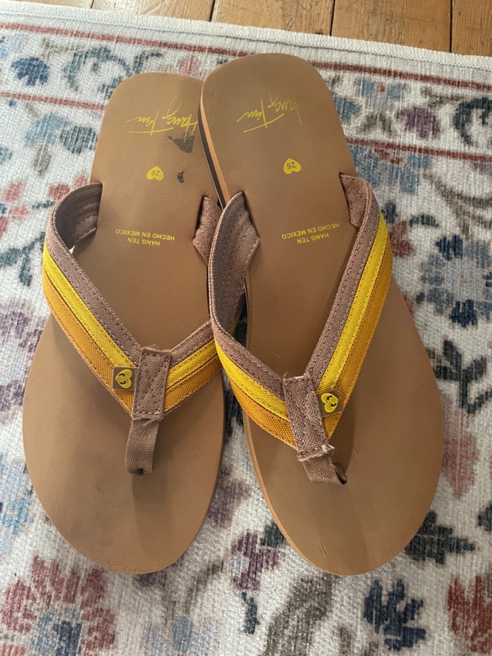 Hang Ten Brown and Yellow Canvas Strap Flip Flops